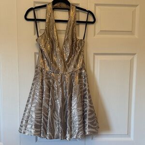bebe Gold Sequin Halter Midi Dress